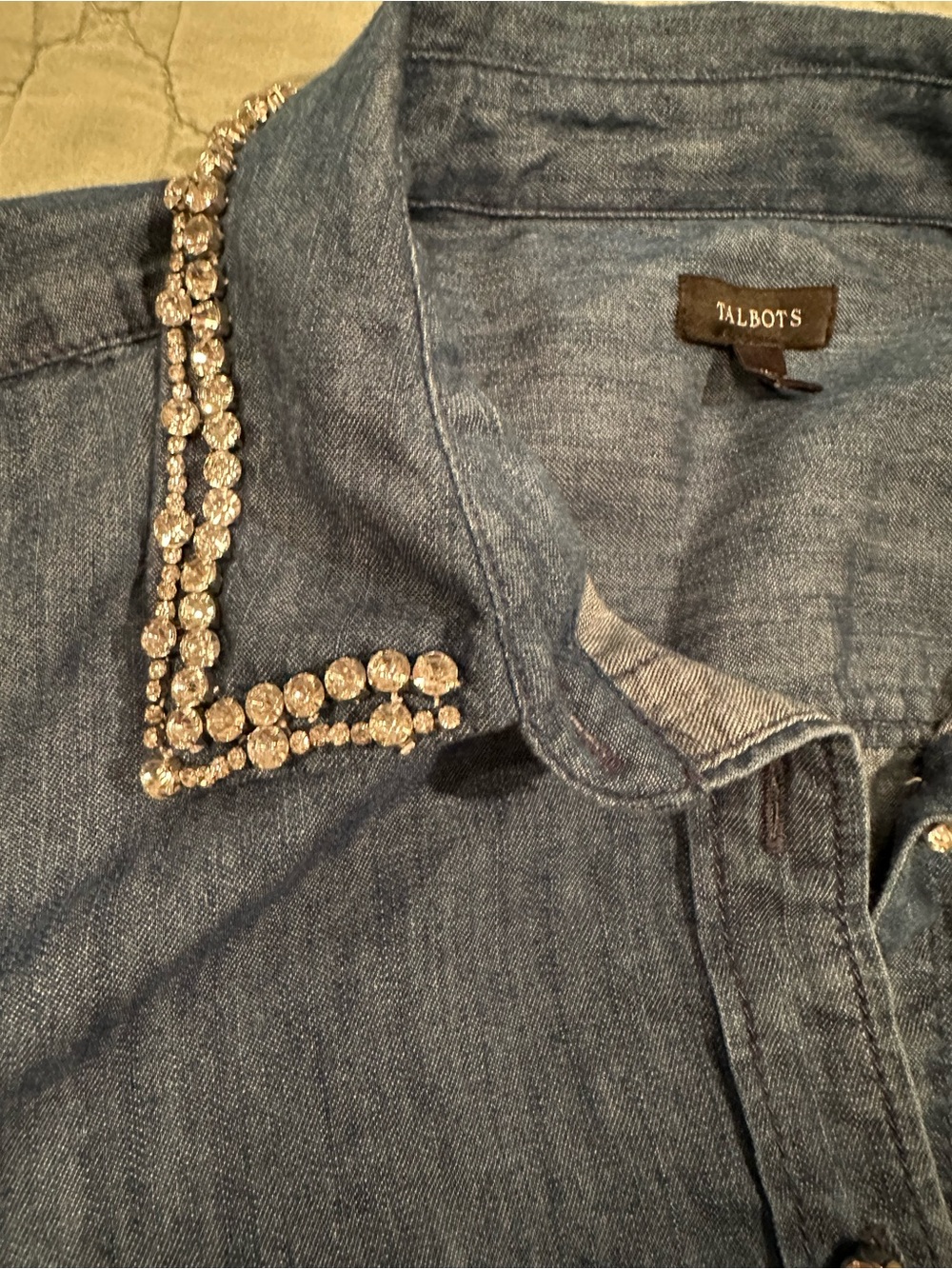 Talbots Denim Button-Down Shirt with Beaded Collar - Blue - Picture 8 of 12